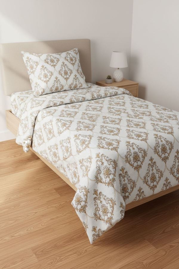 %100 Pamuk Kumaş Damaks Desen Tek Kişilik Nevresim Takımı Sarı