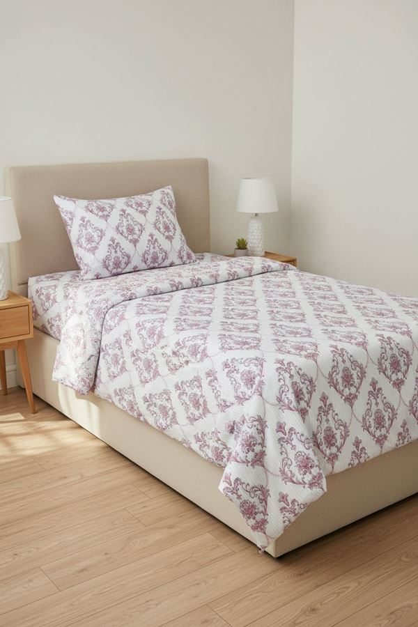 %100 Pamuk Kumaş Damaks Desen Tek Kişilik Nevresim Takımı Pembe