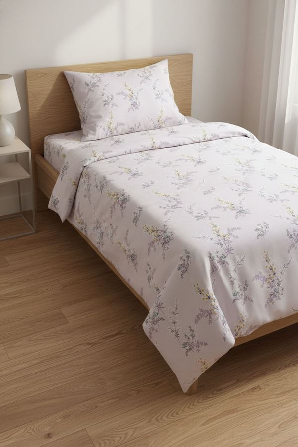 %100 Pamuk Kumaş Sarmaşık Desen Tek Kişilik Nevresim Takımı Lila