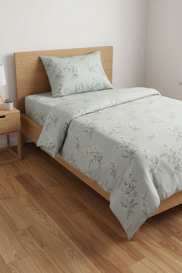 %100 Pamuk Kumaş Sarmaşık Desen Tek Kişilik Nevresim Takımı Gri