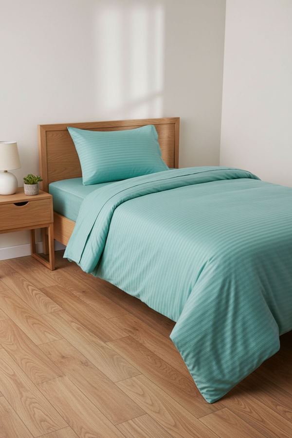 5 Yıldızlı Lüx Otel Tipi Tek Kişilik Lastikli Çizgili Pamuk Saten Nevresim Takımı Çağla