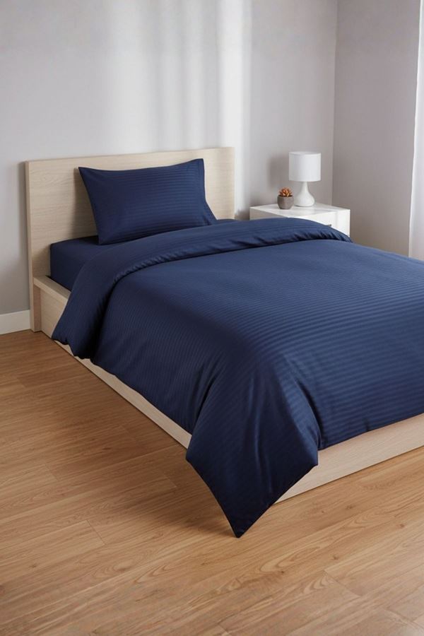 5 Yıldızlı Lüx Otel Tipi Tek Kişilik Lastikli Çizgili Pamuk Saten Nevresim Takımı Lacivert