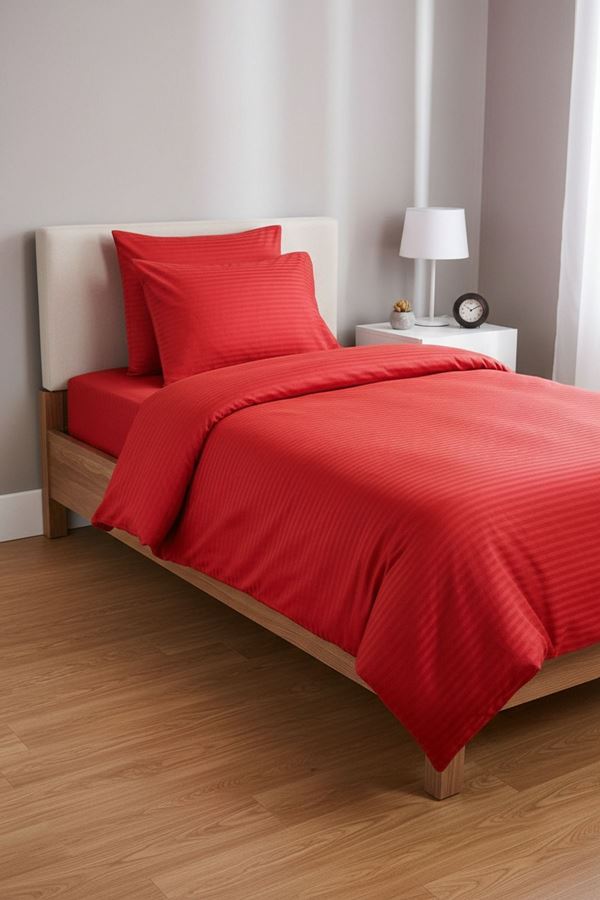 5 Yıldızlı Lüx Otel Tipi Tek Kişilik Lastikli Çizgili Pamuk Saten Nevresim Takımı Kırmızı