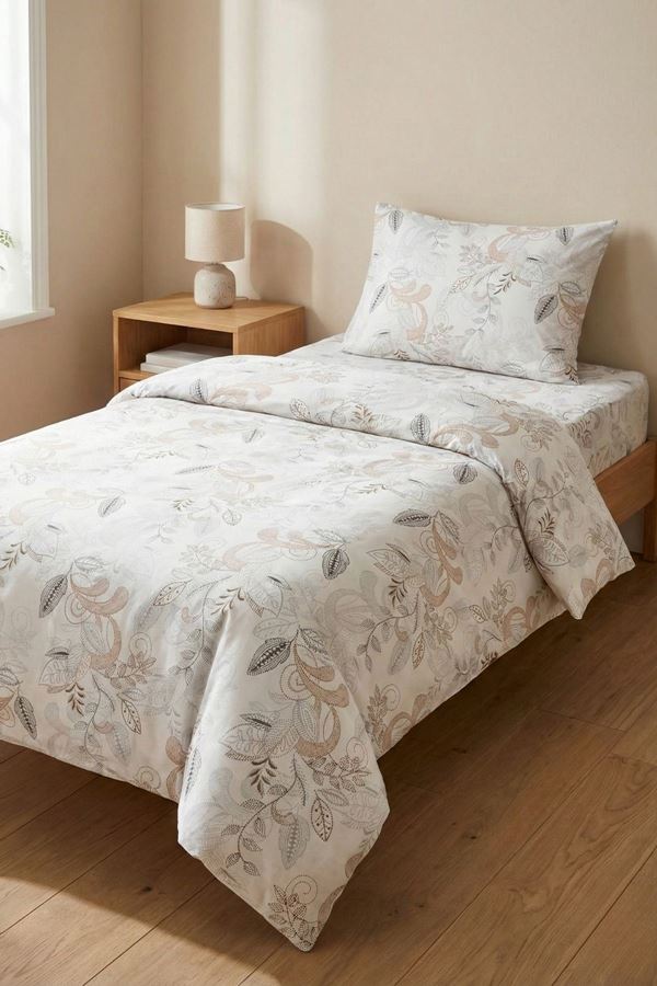 %100 Pamuk Kumaş Yaprak Desen Tek Kişilik Nevresim Takımı Gri