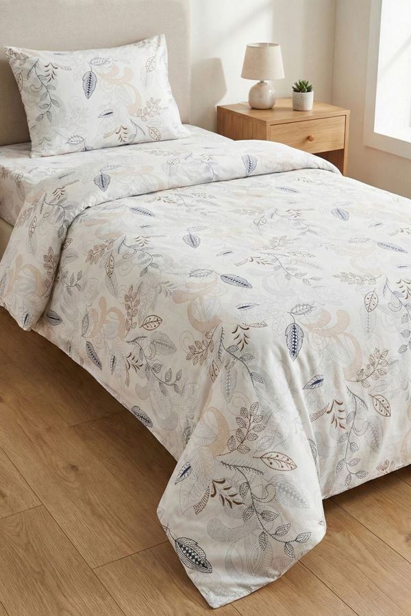 %100 Pamuk Kumaş Yaprak Desen Tek Kişilik Nevresim Takımı Mavi