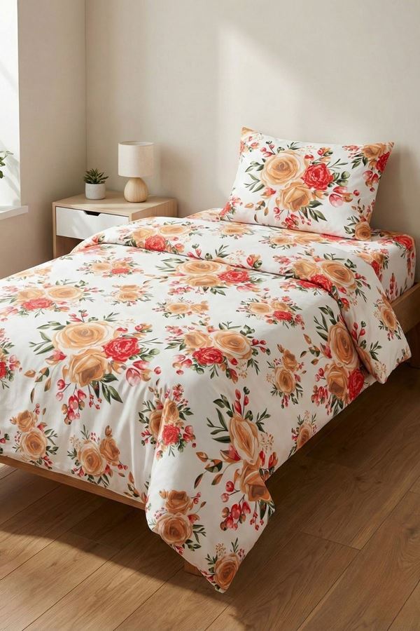 %100 Pamuk Kumaş Gül Desen Tek Kişilik Nevresim Takımı Kırmızı