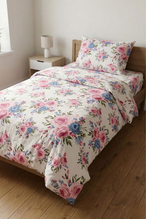 %100 Pamuk Kumaş Gül Desen Tek Kişilik Nevresim Takımı Mavi