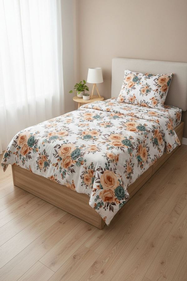 %100 Pamuk Kumaş Gül Desen Tek Kişilik Nevresim Takımı Yeşil