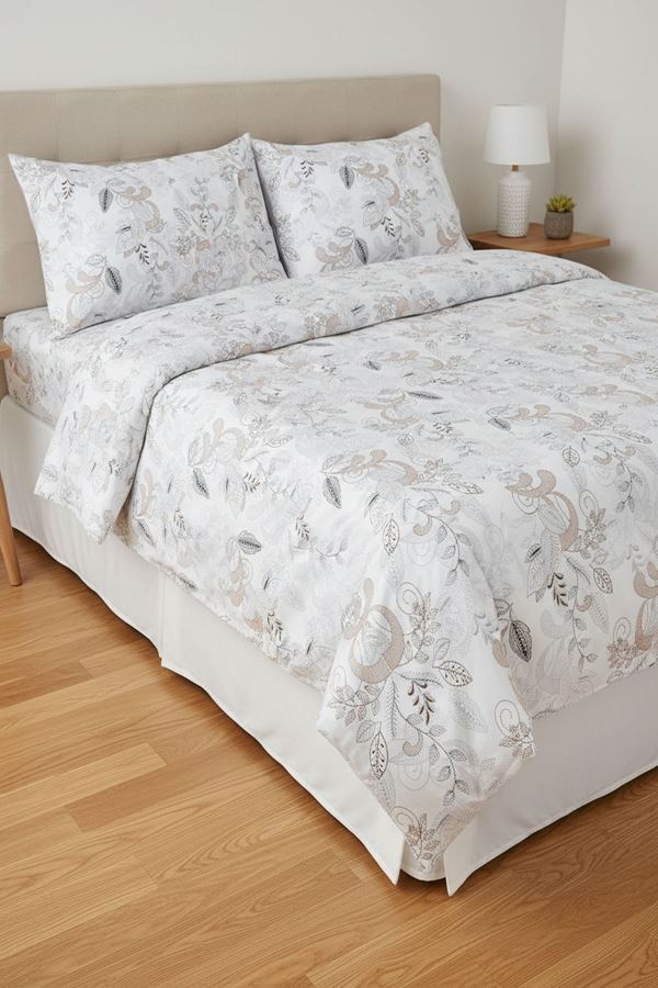 %100 Pamuk Kumaş Yaprak Desen Çift Kişilik Nevresim Takımı Gri