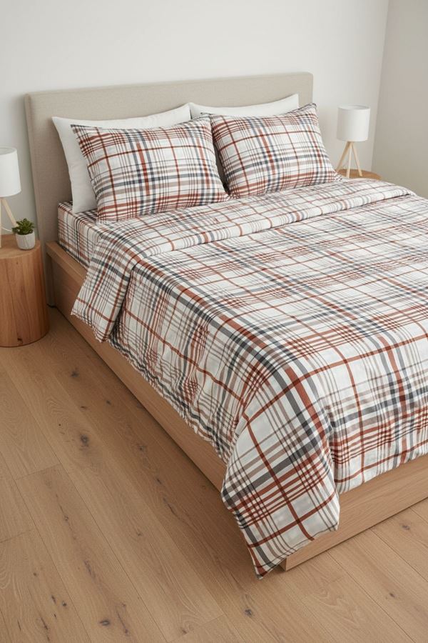 %100 Pamuk Kumaş Ekose Çizgili Desen Çift Kişilik Nevresim Takımı Turuncu