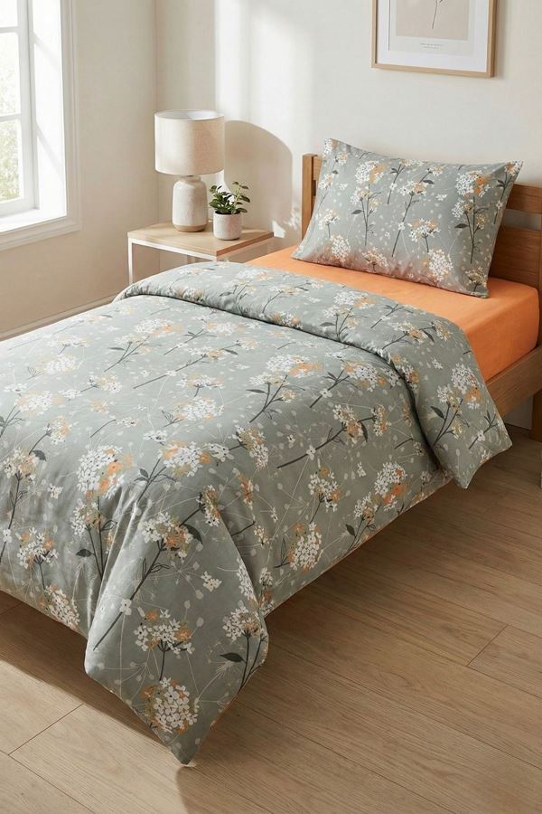 Tek Kişilik Çarşafı Lastikli Pamuklu Ranforce Kumaş Nevresim Takımı Papatya Yeşil