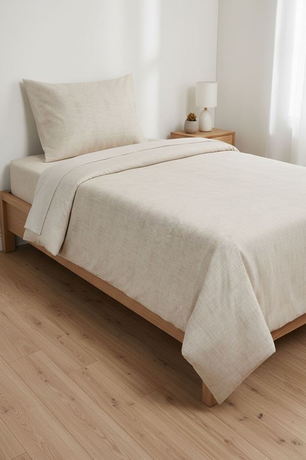 Düz Renk Pamuklu Kumaş Tek Kişilik Nevresim Takımı ( Lastikli Çarşaf ) KREM