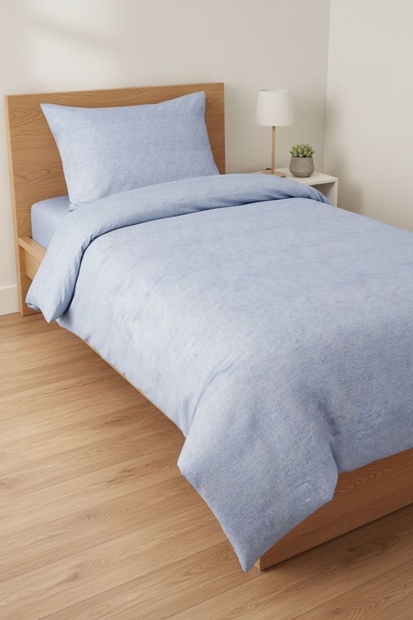 Düz Renk Pamuklu Kumaş Tek Kişilik Nevresim Takımı ( Lastikli Çarşaf ) MAVİ