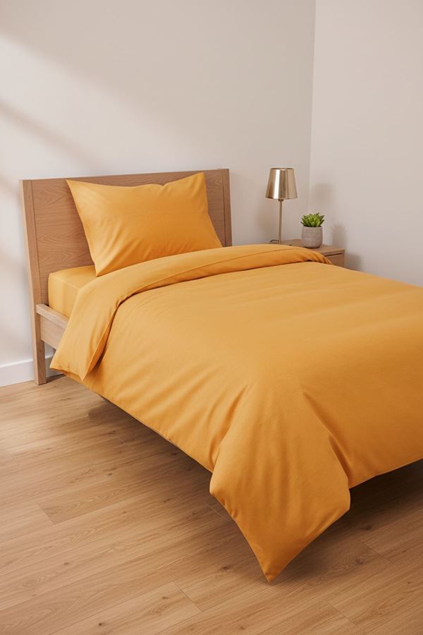 Düz Renk Pamuklu Kumaş Tek Kişilik Nevresim Takımı ( Lastikli Çarşaf ) TURUNCU