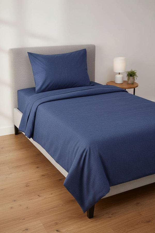 Düz Renk Pamuklu Kumaş Tek Kişilik Nevresim Takımı ( Lastikli Çarşaf ) LACİVERT