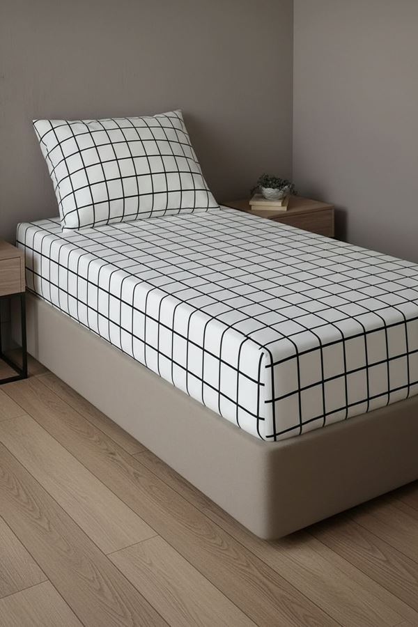 Pamuklu Tek Kişilik Lastikli Çarşaf Takımı Kareli Beyaz