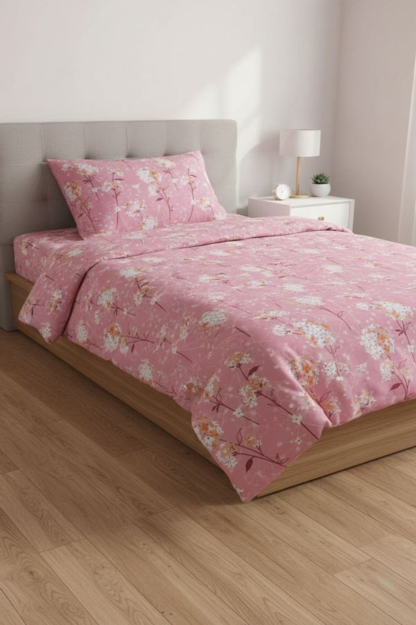 Tek Kişilik Çarşafı Lastikli Pamuklu Ranforce Kumaş Nevresim Takımı Papatya Pembe