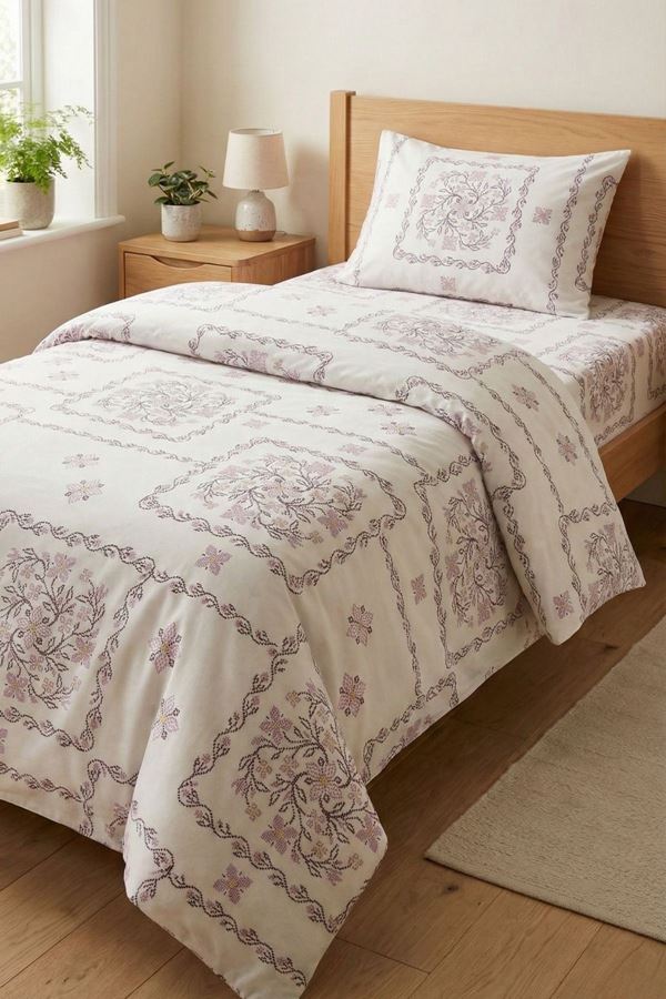 %100 Pamuk Kumaş Etnik Papatya Desen Tek Kişilik Nevresim Takımı Pembe