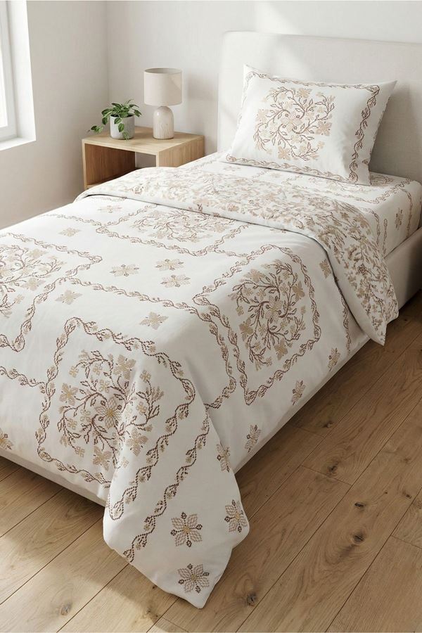 %100 Pamuk Kumaş Etnik Papatya Desen Tek Kişilik Nevresim Takımı Kahve