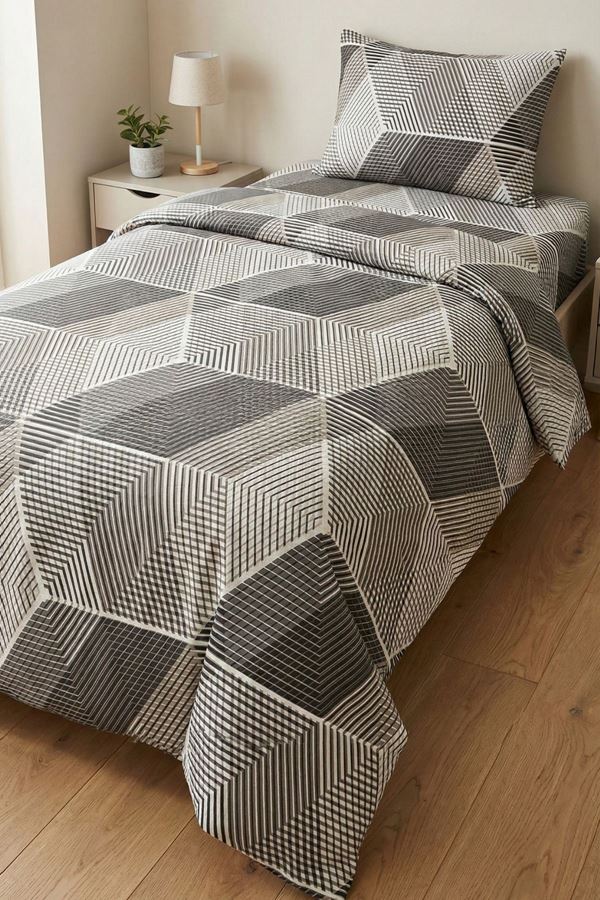 %100 Pamuk Kumaş Çizgi Desen Tek Kişilik Nevresim Takımı Gri