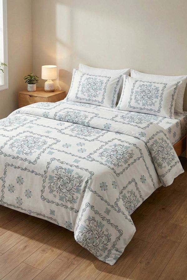 %100 Pamuk Kumaş Etnik Papatya Desen Çift Kişilik Nevresim Takımı Turkuaz