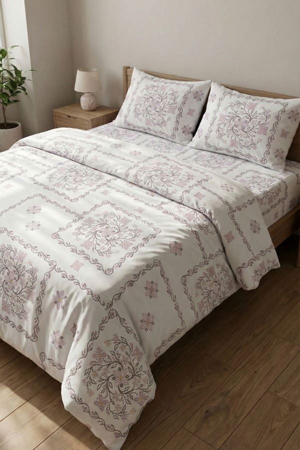 %100 Pamuk Kumaş Etnik Papatya Desen Çift Kişilik Nevresim Takımı Pembe