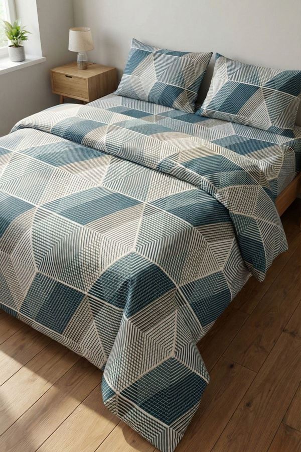 %100 Pamuk Kumaş Çizgi Desen Çift Kişilik Nevresim Takımı Yeşil