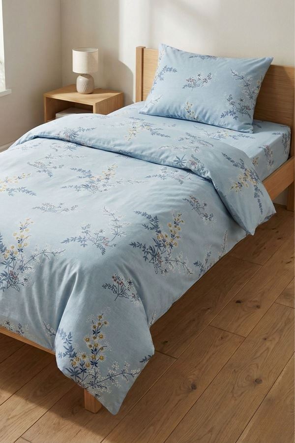 %100 Pamuk Kumaş Sarmaşık Desen Tek Kişilik Nevresim Takımı Mavi