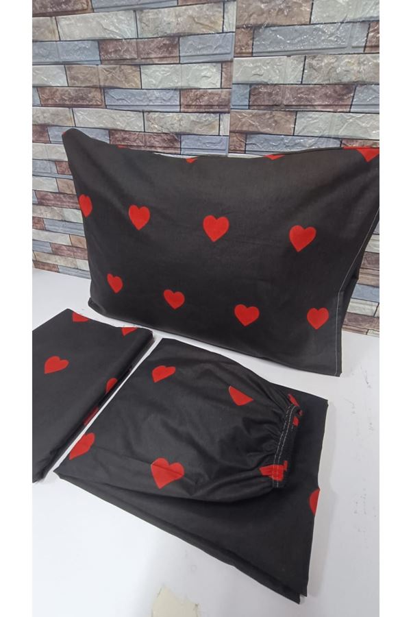 180X200 Yataklar İçin Battal Boy Nevresim Takımı ( Çarşafı Lastikli ) Siyah kalp