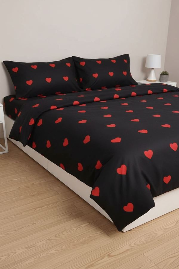 180X200 Yataklar İçin Battal Boy Nevresim Takımı ( Çarşafı Lastikli ) Siyah kalp