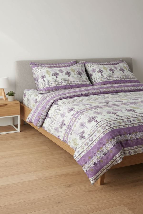 180 X 200 Battal Boy Lastikli Çarşaf Ağaç Desen Nevresim Takımı Mor
