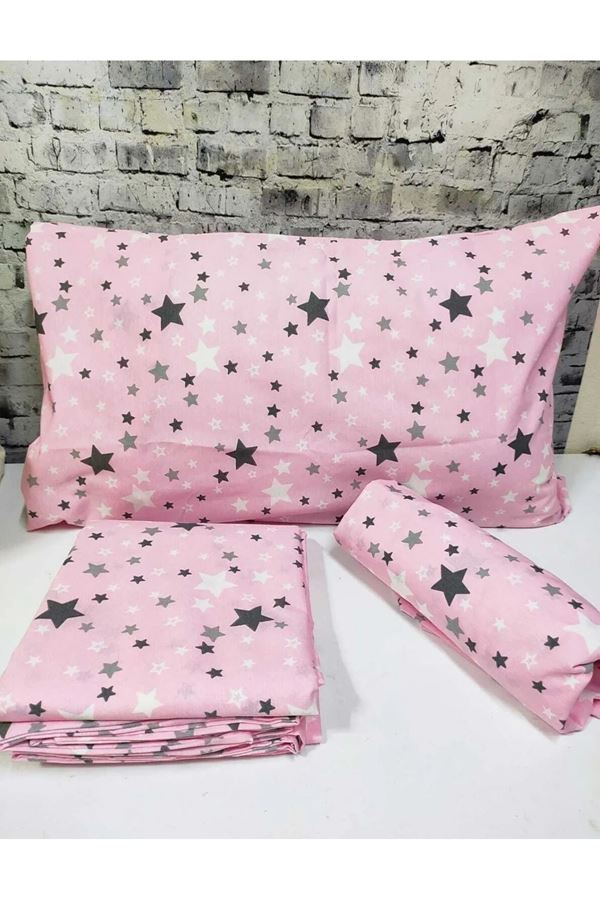 180 X 200 Battal Boy Lastikli Çarşaf Yıldız Desen Nevresim Takımı (Fitted) Pembe