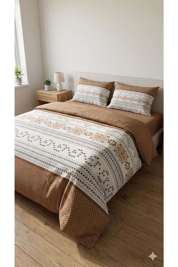 Çift Kişilik Kanaviçe Desen Pamuklu Lastikli Çarşaf Takımı Kahverengi