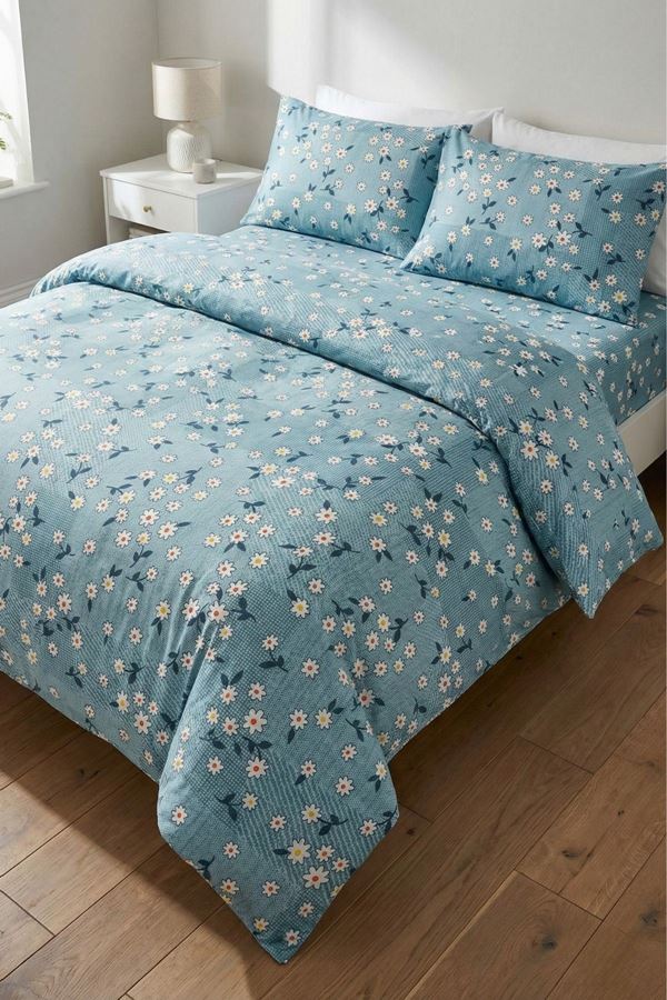 180 X 200 Battal Boy Lastikli Çarşaf Yeni Papatya Desen Nevresim Takımı Turkuaz