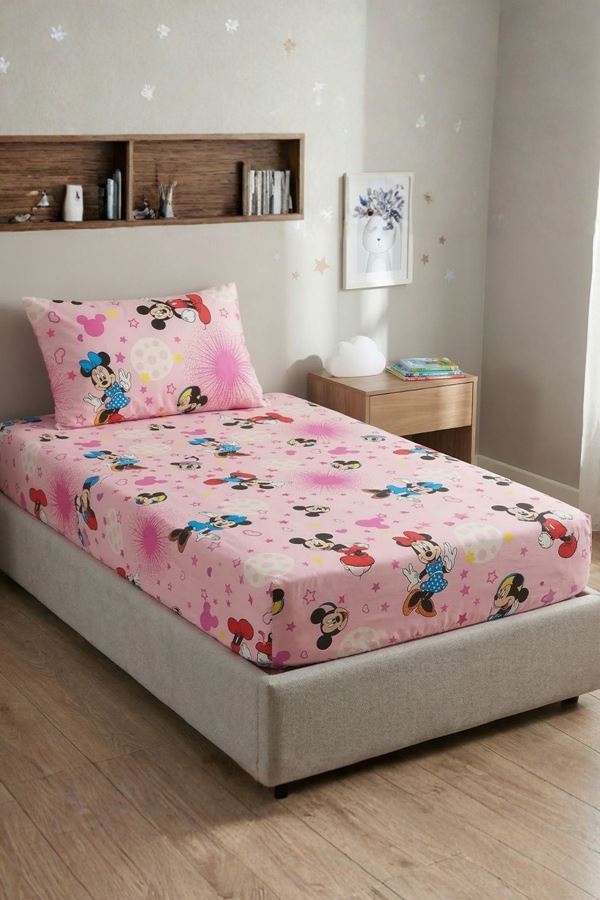 Tek Kişilik 120x200 Lastikli Çarşaf Takımı mickey mouse PEMBE