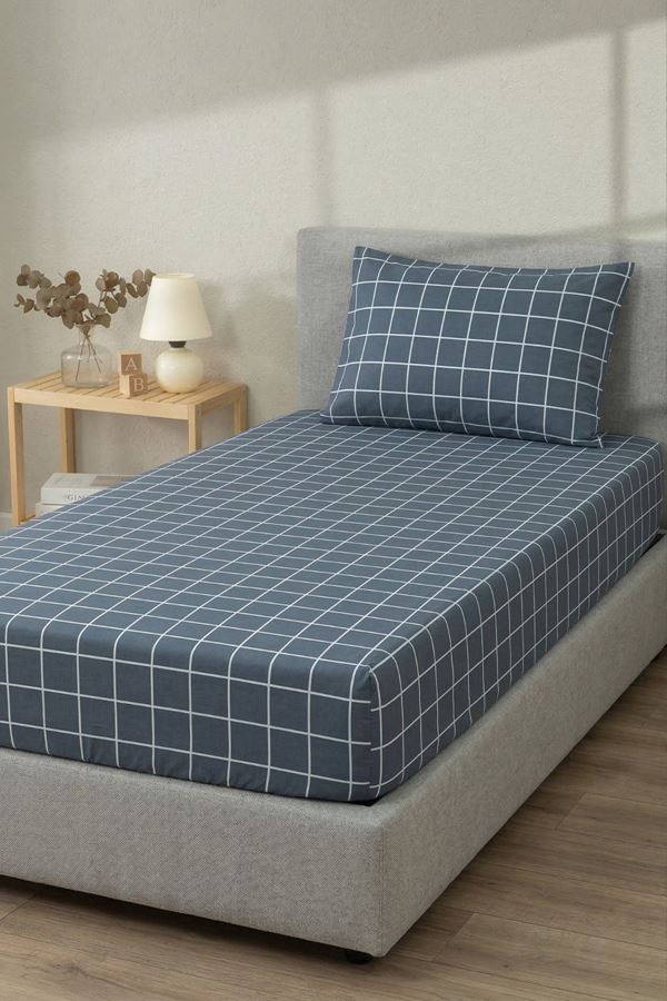 Pamuklu Tek Kişilik Lastikli Çarşaf Takımı Kareli Antrasit