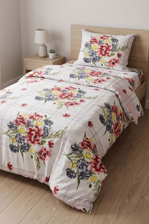 %100 Pamuk Kumaş Yeni Buket Desen Tek Kişilik Nevresim Takımı Kırmızı