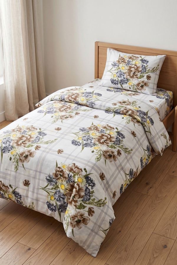 %100 Pamuk Kumaş Yeni Buket Desen Tek Kişilik Nevresim Takımı Kahve