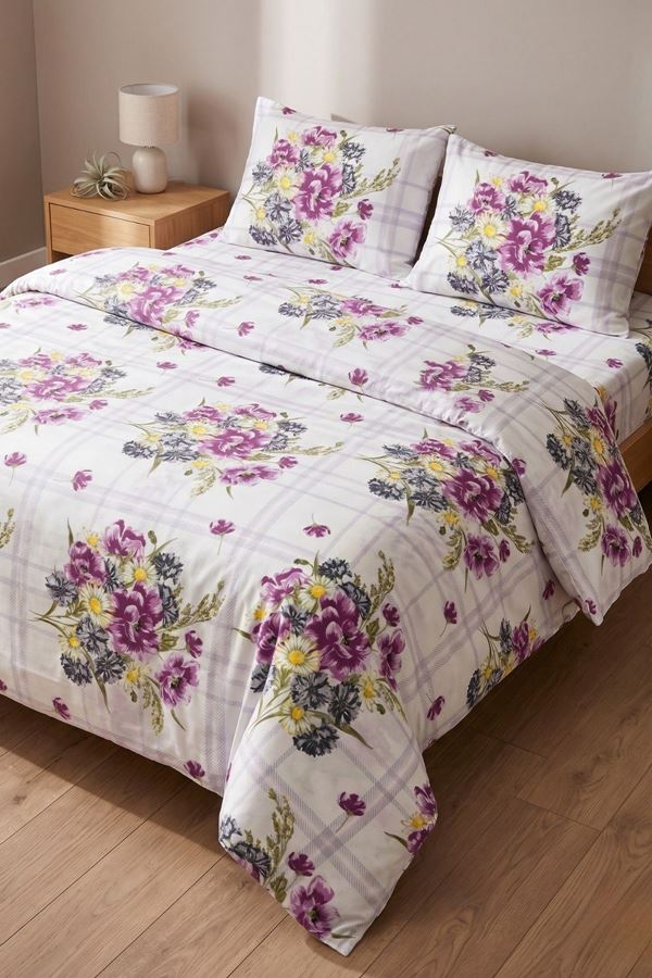 %100 Pamuk Kumaş Yeni Buket Desen Çift Kişilik Nevresim Takımı Mor
