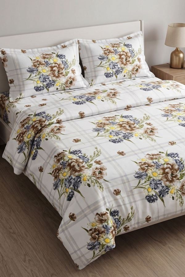 %100 Pamuk Kumaş Yeni Buket Desen Çift Kişilik Nevresim Takımı Kahve