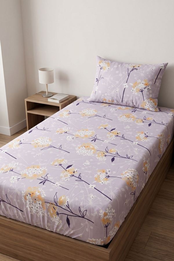 Tek Kişilik Pamuklu Ranforce Kumaş Lastikli Çarşaf Takımı Papatya Lila