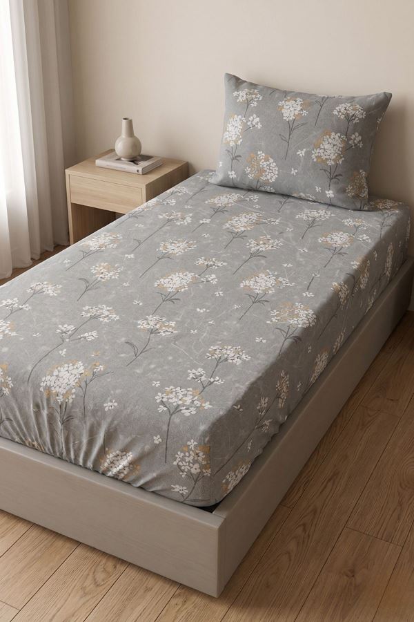Tek Kişilik Pamuklu Ranforce Kumaş Lastikli Çarşaf Takımı Papatya Gri