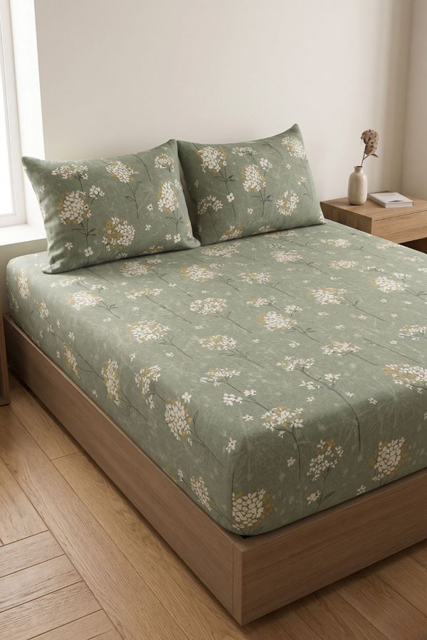 Çift Kişilik Pamuklu Ranforce Kumaş Lastikli Çarşaf Takımı Papatya Yeşil