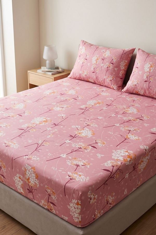 Çift Kişilik Pamuklu Ranforce Kumaş Lastikli Çarşaf Takımı Papatya Pembe