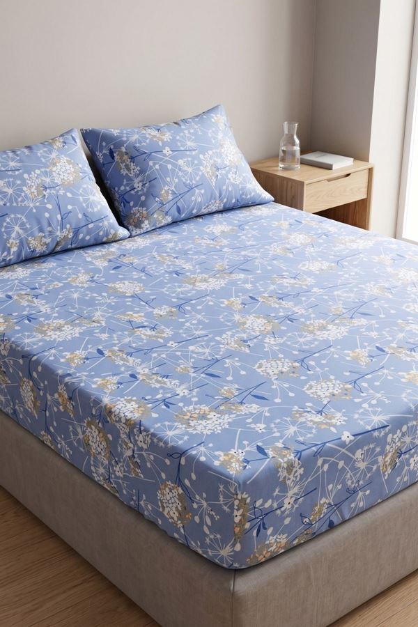 Çift Kişilik Pamuklu Ranforce Kumaş Lastikli Çarşaf Takımı Papatya Mavi