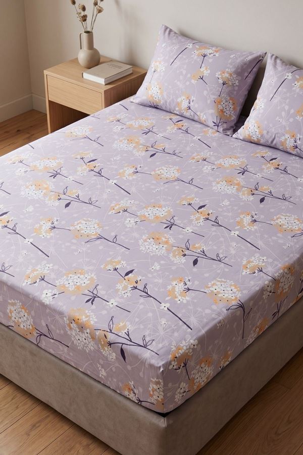 Çift Kişilik Pamuklu Ranforce Kumaş Lastikli Çarşaf Takımı Papatya Lila