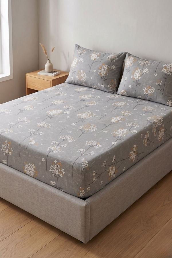Çift Kişilik Pamuklu Ranforce Kumaş Lastikli Çarşaf Takımı Papatya Gri