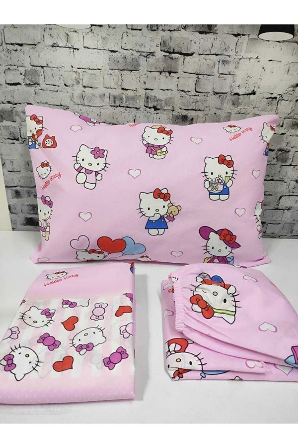 120 x 200 Yataklar İçin Hello Kitty Pamuklu Kumaş Nevresim Takımı Pembe