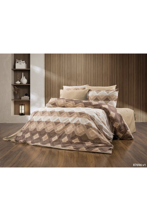 120 x 200 Yataklar İçin Pamuklu Kumaş Piramit Desen Nevresim Takımı Kahverengi