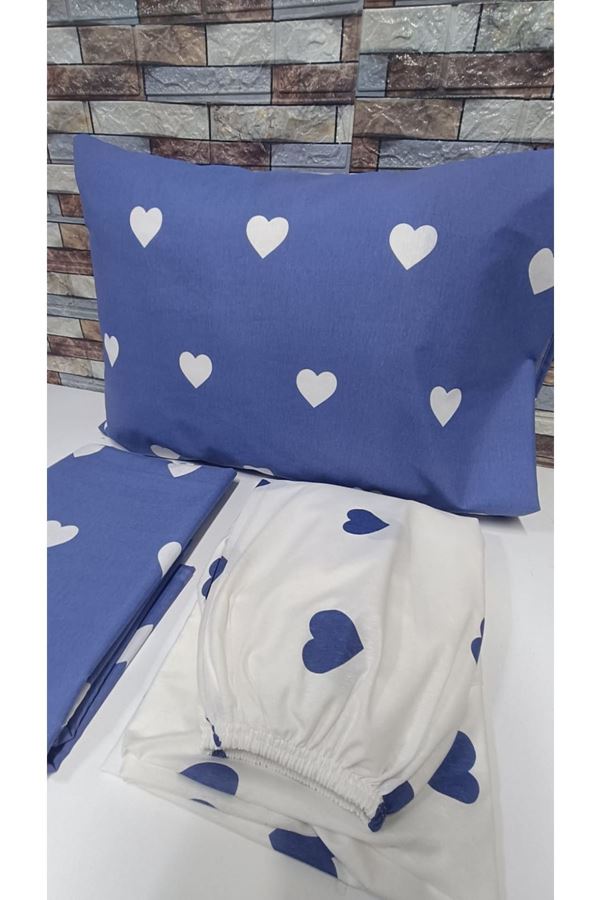 120 x 200 Yataklar İçin Pamuklu Kalp Desen Nevresim Takımı Mavi